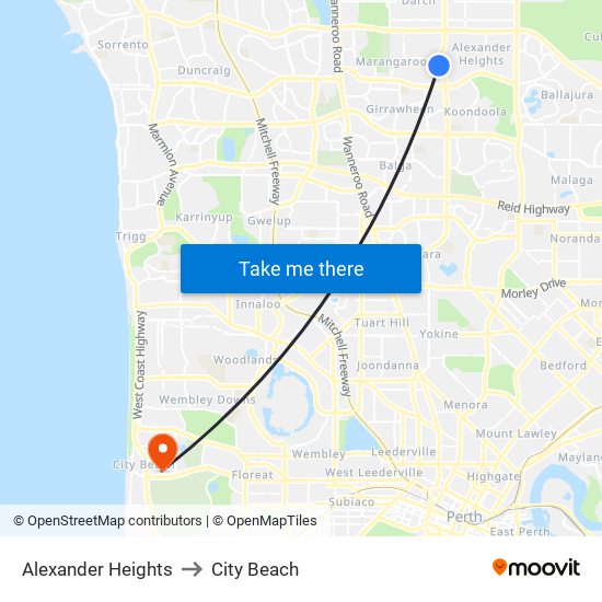 Alexander Heights to City Beach map