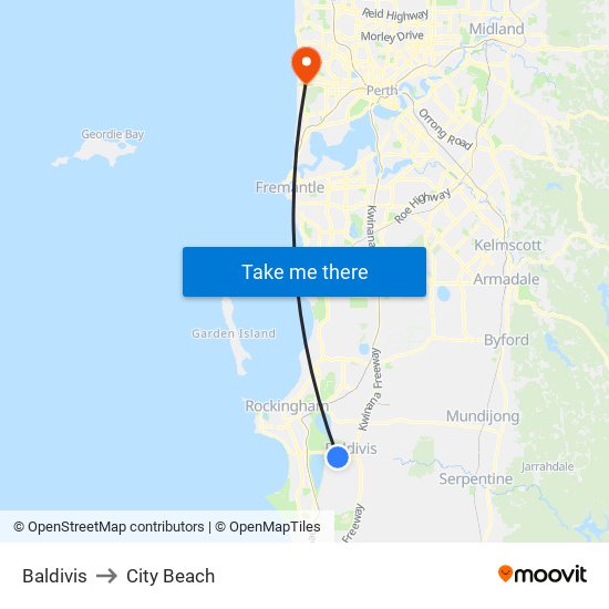 Baldivis to City Beach map