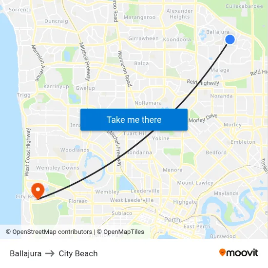 Ballajura to City Beach map