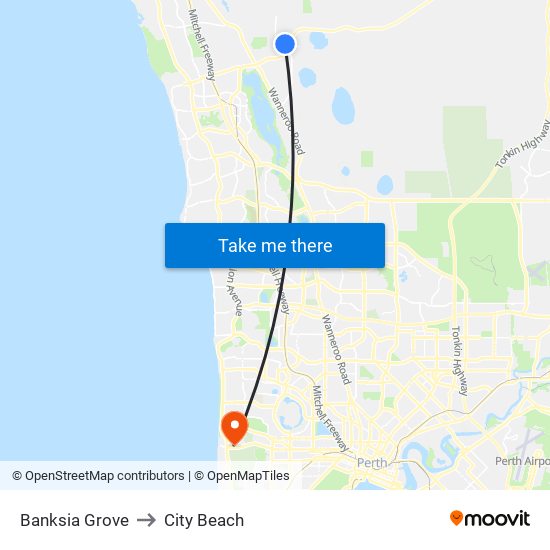 Banksia Grove to City Beach map