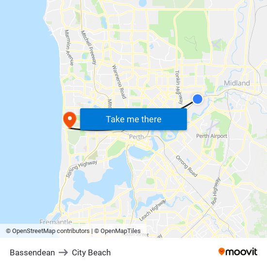 Bassendean to City Beach map