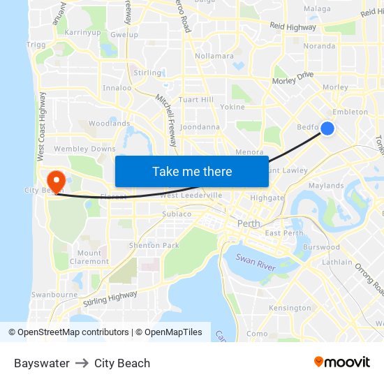 Bayswater to City Beach map