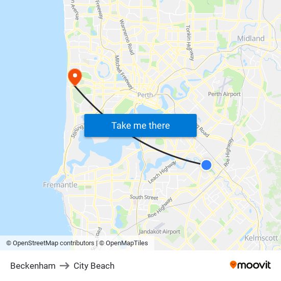 Beckenham to City Beach map