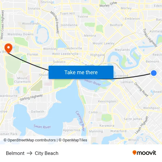 Belmont to City Beach map