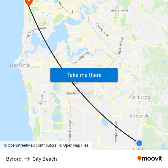 Byford to City Beach map