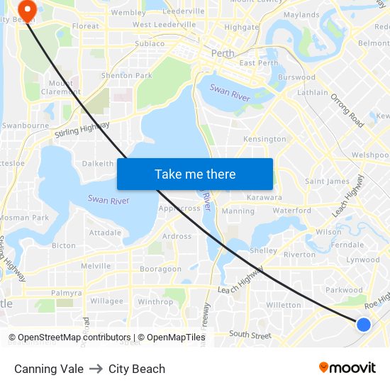 Canning Vale to City Beach map