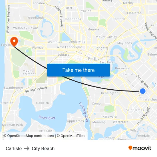 Carlisle to City Beach map