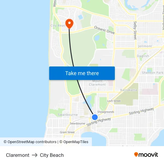 Claremont to City Beach map
