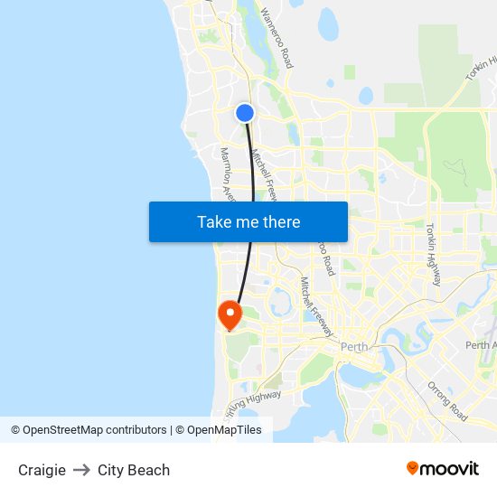 Craigie to City Beach map