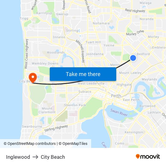 Inglewood to City Beach map