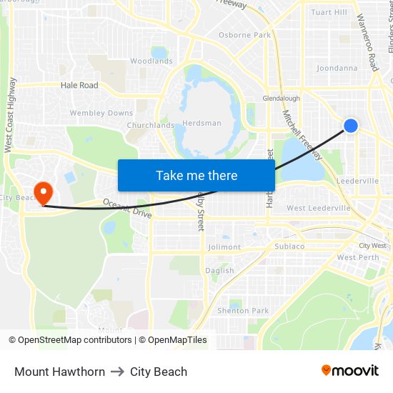 Mount Hawthorn to City Beach map