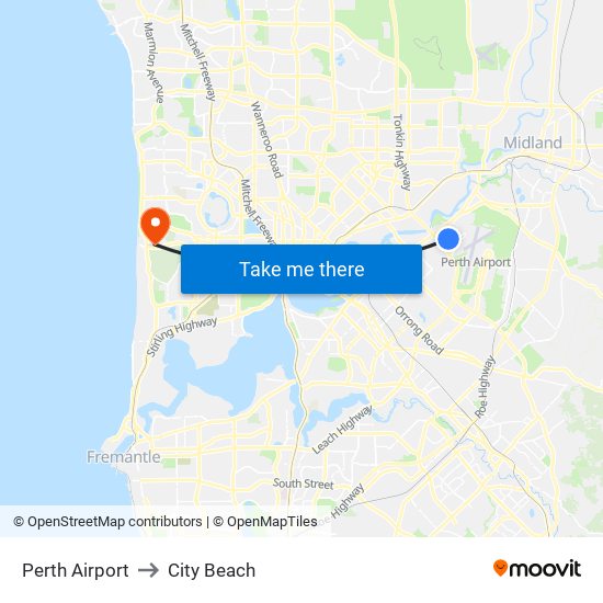 Perth Airport to City Beach map