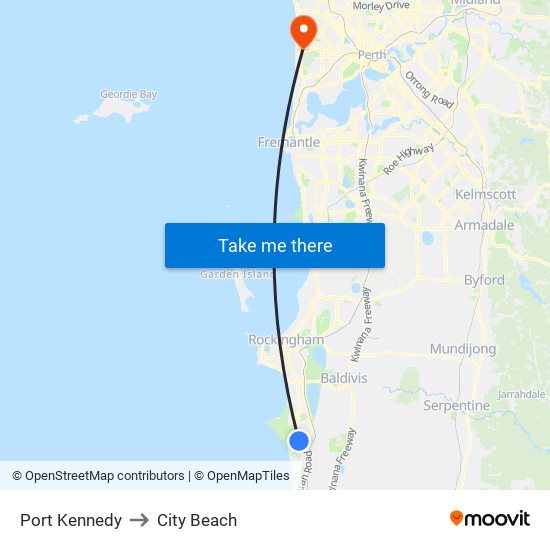 Port Kennedy to City Beach map