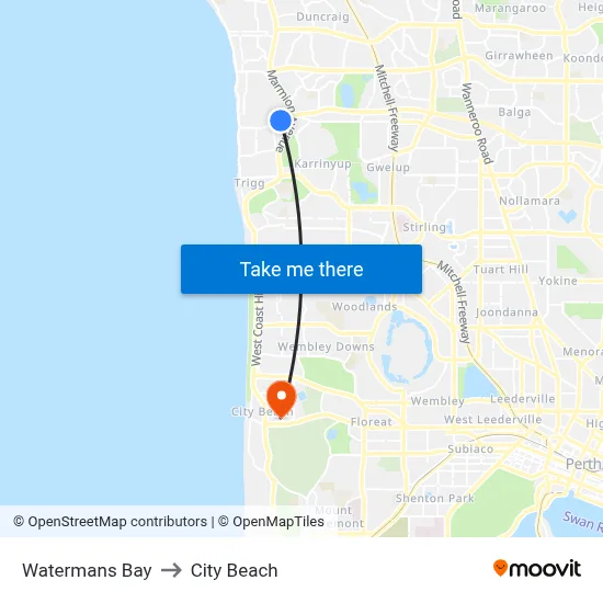 Watermans Bay to City Beach map