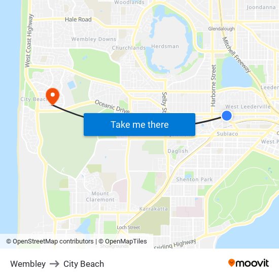 Wembley to City Beach map