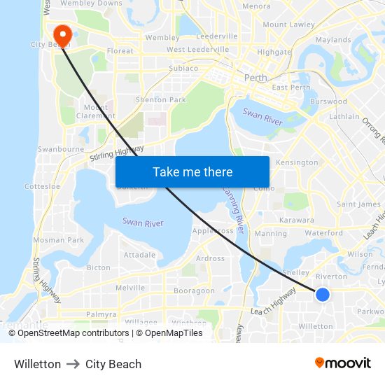 Willetton to City Beach map