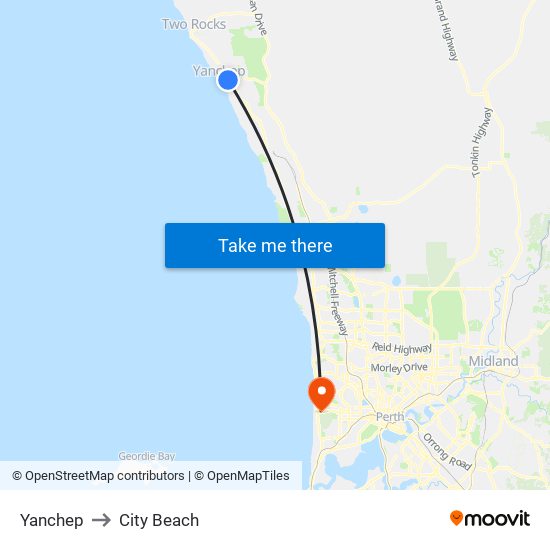 Yanchep to City Beach map