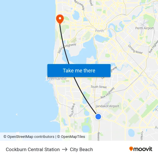 Cockburn Central Station to City Beach map
