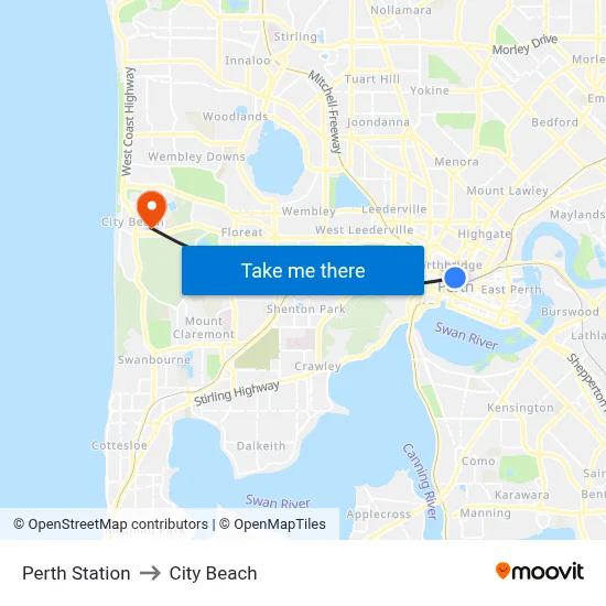 Perth Station to City Beach map