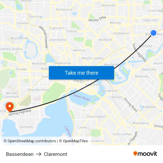 Bassendean to Claremont map
