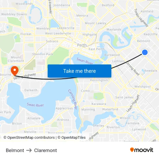 Belmont to Claremont map
