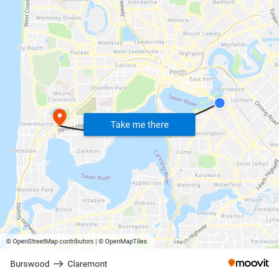 Burswood to Claremont map