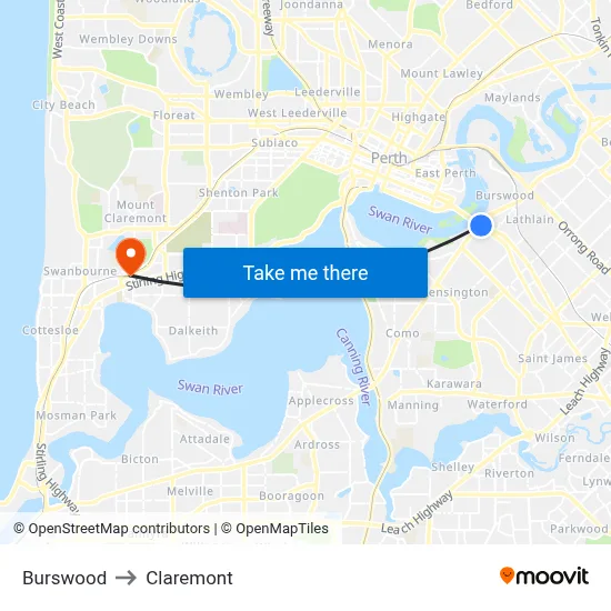 Burswood to Claremont map