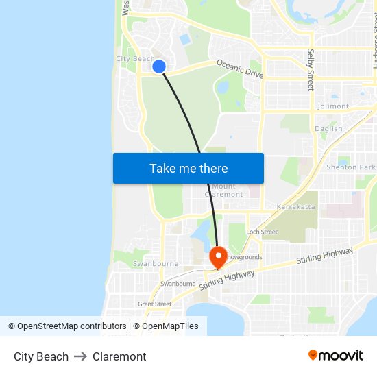 City Beach to Claremont map