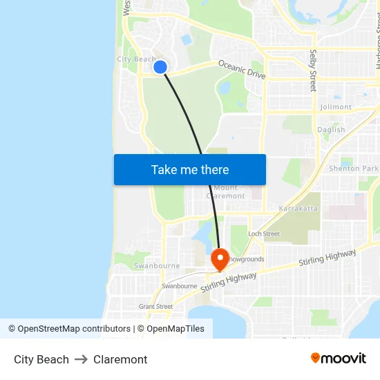 City Beach to Claremont map