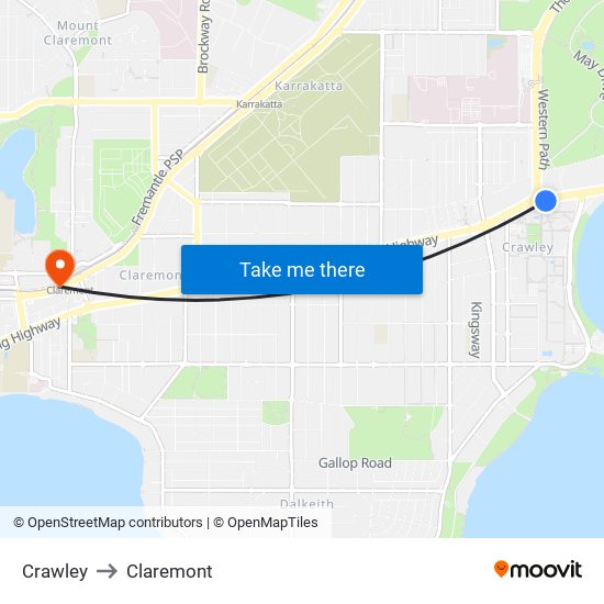 Crawley to Claremont map