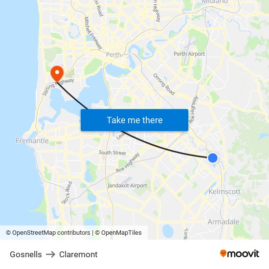 Gosnells to Claremont map