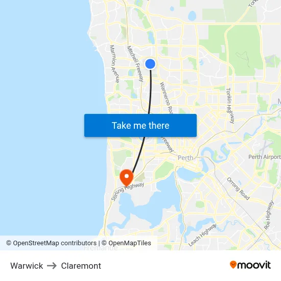 Warwick to Claremont map