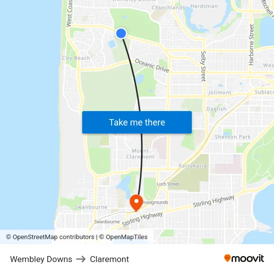 Wembley Downs to Claremont map