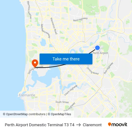 Perth Airport Domestic Terminal T3 T4 to Claremont map