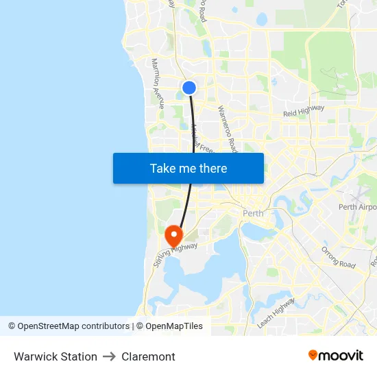 Warwick Station to Claremont map