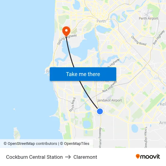 Cockburn Central Station to Claremont map