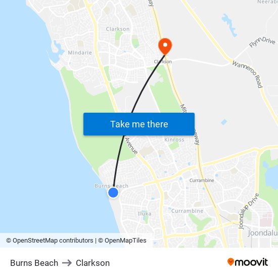 Burns Beach to Clarkson map