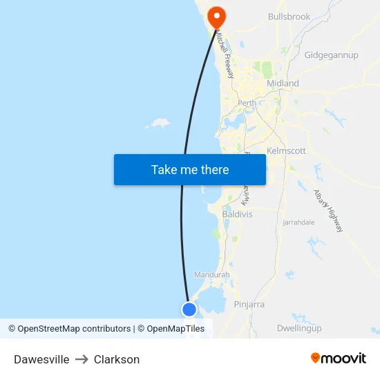 Dawesville to Clarkson map