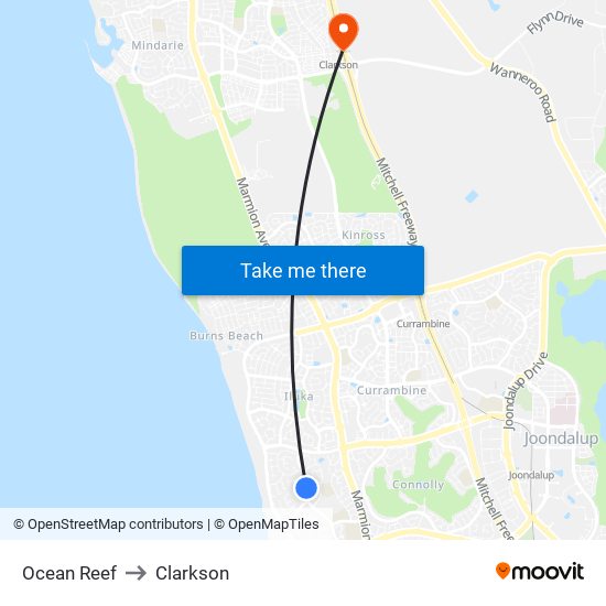 Ocean Reef to Clarkson map