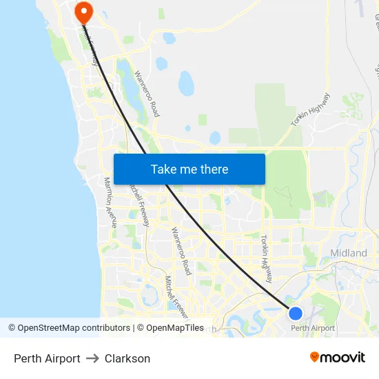 Perth Airport to Clarkson map