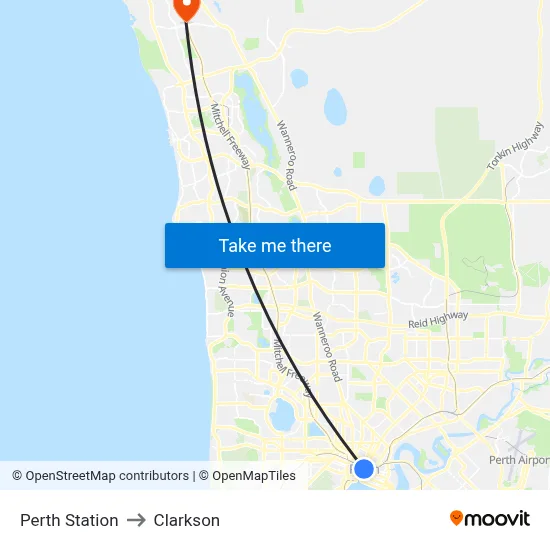 Perth Station to Clarkson map