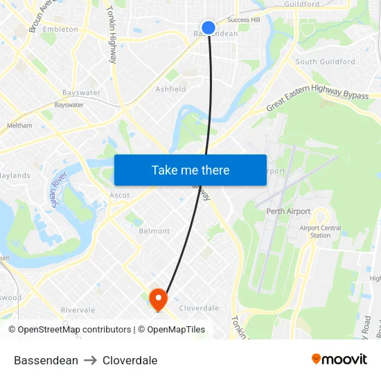 Bassendean to Cloverdale map