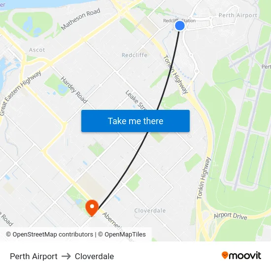 Perth Airport to Cloverdale map