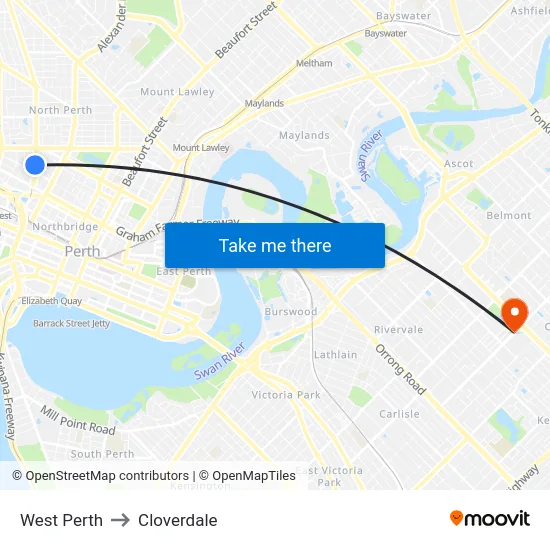 West Perth to Cloverdale map