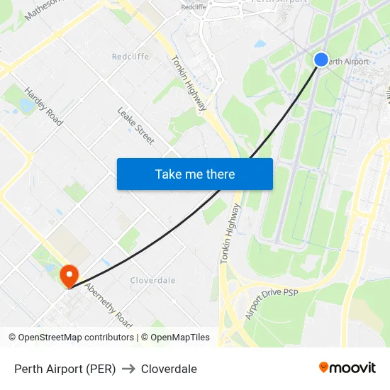 Perth Airport (PER) to Cloverdale map