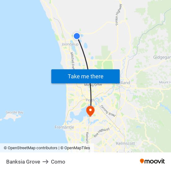 Banksia Grove to Como map