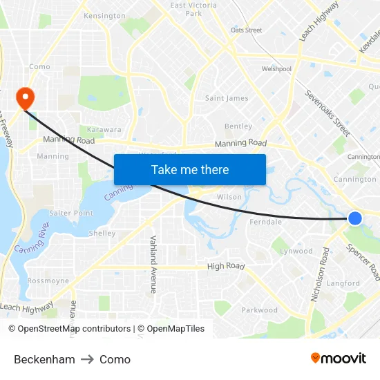 Beckenham to Como map