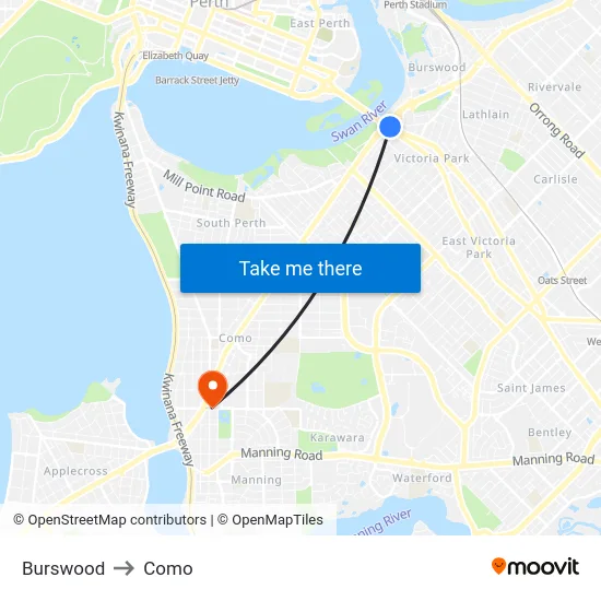 Burswood to Como map