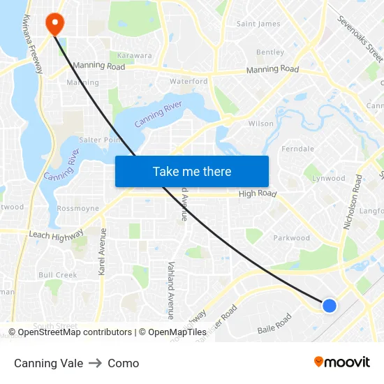 Canning Vale to Como map