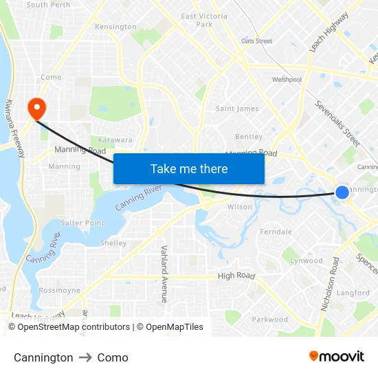 Cannington to Como map